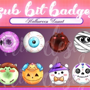 May include: Eight Halloween-themed donut badges with various designs, including a spiderweb, an eyeball, a mummy, a cat, a pumpkin, a skull, a green monster, and a white bear wearing a witch hat. The text "Halloween Donut" is written above the badges.