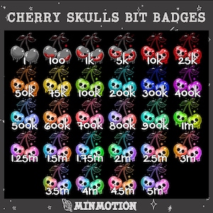 Op de afbeelding: Een verzameling kersen schedel bit badges met verschillende kleuren en puntwaarden, variërend van 1 tot 5 miljoen. Elke badge toont een paar kersen met schedelgezichten, met de tekst "CHERRY SKULLS BIT BADGES".