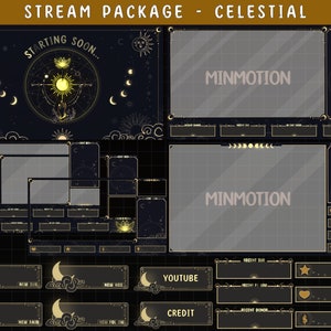 VOLL ANIMIERTES Gold Celestial Twitch Stream Paket / Gold Mond Stern Overlay / Pflanzen / Elegant / Lotus / Magische Aktiv / Alerts Panels Bildschirm