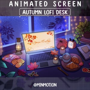 May include: A digital illustration of a cozy autumn desk scene with a laptop, a cup of coffee, pastries, and fall foliage. The laptop screen displays the text "Stream Ending..." and the desk is decorated with fairy lights, candles, and a small clock.