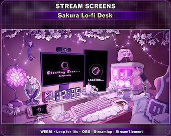 Telas de transmissão de mesa Lofi animadas com sakura da primavera, sobreposição aconchegante de flor de cerejeira rosa para Twitch, configuração estética de quarto de PC