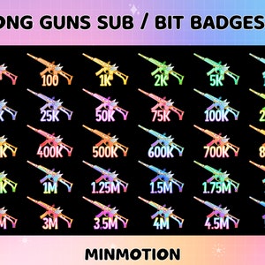 Può includere: Un set di 20 badge digitali colorati che rappresentano un fucile lungo da cartone animato con una corona e gioielli. I badge sono etichettati con numeri da 1 a 5 milioni, che rappresentano diversi livelli di supporto su una piattaforma di streaming.