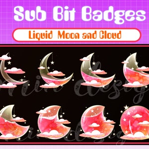 Insignias de luna roja y sub nubladas / Sub de Twitch / Gráficos de streamer / Insignia de bit de estrella / Insignias para serpentinas / Azul / Blanco / Botella de luna mágica