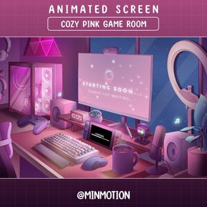 Może przedstawiać: Animowany ekran w kolorze różowym i fioletowym z tekstem "Starting Soon... Thanks for waiting." Ekran znajduje się w przytulnym różowym pokoju do gier z fotelem do gier, komputerem, mikrofonem i rośliną.