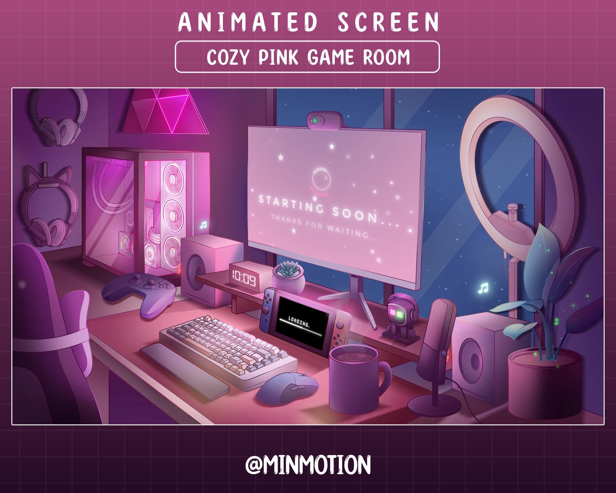 Animated Cozy Pink Game Room Twitch Screen / Gamer Twitch Overlay/ Starting Soon / BRB / Stream Ending /Xmas,Graphic for Livestream