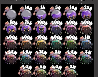 Emblemas de legenda de gato mágico Twitch / Emblemas de torcida de gato preto com poção fofa / Emblemas de legenda de número / Emblemas fofos para streamers / Meow Twitch