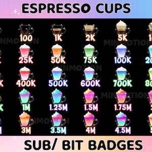 Coffee Cups Sub Badges / Coffee Tea Glasses Twitch Sub / Number bit badges/ Glass Cup / Espresso, Lungo, Capuchino / Streamer Graphics