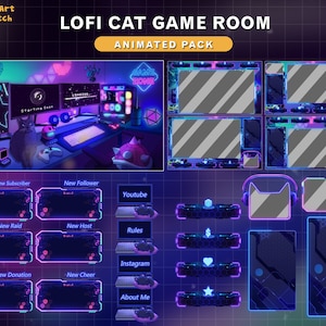 Animated Lofi Gaming Room Twitch Stream Full Package / Lofi Aesthetic Gaming PC Room scenes / Twitch Overlay / Cozy Kawaii Gamer Play