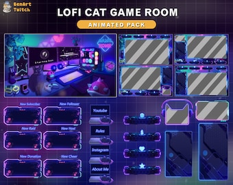Paquete completo de transmisión de Twitch de sala de juegos Lofi animada / Escenas de sala de PC para juegos con estética Lofi / Superposición de Twitch / Juego de jugador acogedor Kawaii