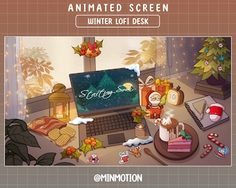 Pantalla animada de invierno Lofi Desk Twitch Stream, Chrismas Lofi, Árbol de Navidad, Santa Claus, Chocolate caliente, Dulces, Noel, Gráfico para transmisión en vivo