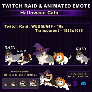 Peut inclure: Ensemble d'animations Twitch raid et d'emotes animées avec des chats d'Halloween. Inclut une animation raid transparente WEBM/GIF 1920x1080 et des emotes GIF 28/56/112/128 px. Chats avec chapeaux de sorcière, citrouilles et capes de chauve-souris.