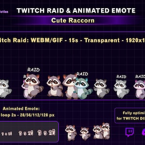 May include: Digital artwork showcasing animated raccoon emotes for Twitch and Discord. The image includes the text "TWITCH RAID & ANIMATED EMOTE" and "Cute Raccorn". The emotes are designed for raids and are transparent.