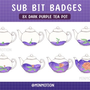 May include: Eight digital badges featuring a glass teapot filled with purple liquid and a plant. The badges are labeled "Sub Bit Badges 8x Dark Purple Tea Pot" and "Minmotion".