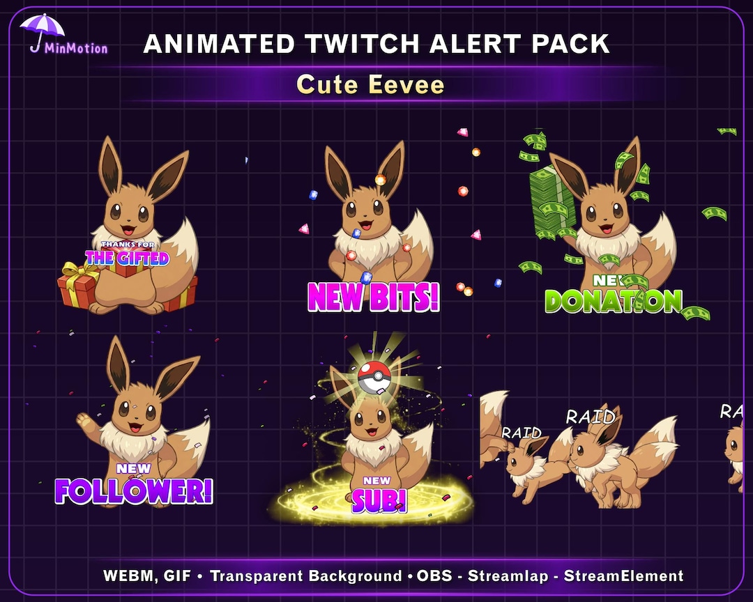 Animated Pokemon Eevee Stream Alert Pack, Cute Eevee Raid Twitch Alert ...