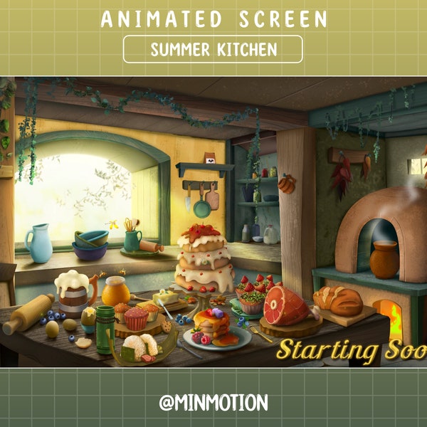 Animated Summer Kitchen Ambience Twitch Stream Screen / Medieval Fantasy Kitchen Overlay / Wood Burning Stove /Whipped Cream,Baking / Nature