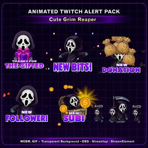 May include: Animated Twitch alert pack with a cute Grim Reaper theme. The pack includes alerts for "Thanks for the Gifted," "New Bits," "New Donation," "New Follower," and "New Sub." Each alert features a unique graphic design.