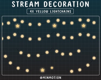 May include: Four strings of yellow fairy lights with star-shaped bulbs, on a dark blue background with a grid pattern. The text "STREAM DECORATION 4X YELLOW LIGHTCHAINS" is at the top of the image. The text "@MINMOTION" is at the bottom of the image.