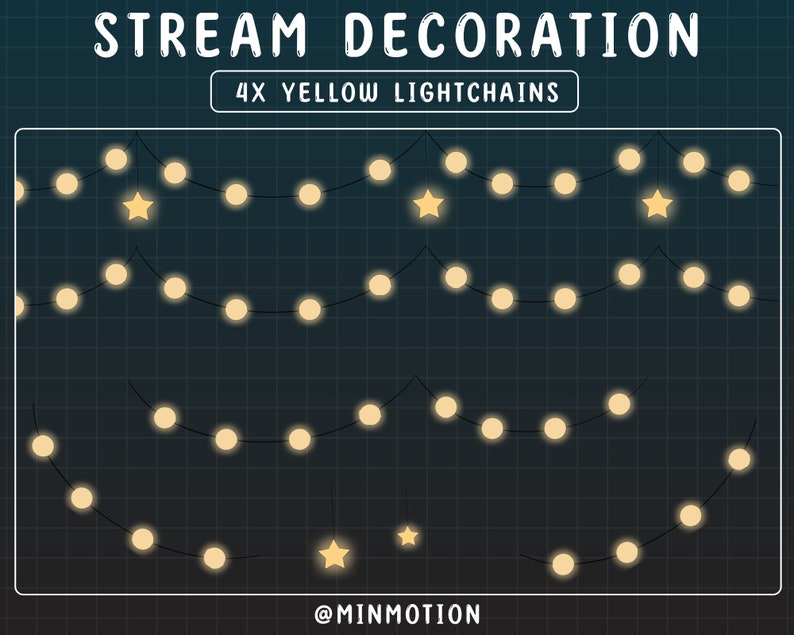 Puede incluir: Cuatro hileras de luces de hadas amarillas con bombillas en forma de estrella, sobre un fondo azul oscuro con un patr&oacute;n de cuadr&iacute;cula. El texto "STREAM DECORATION 4X YELLOW LIGHTCHAINS" est&aacute; en la parte superior de la imagen. El texto "@MINMOTION" est&aacute; en la parte inferior de la imagen.
