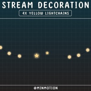 Puede incluir: Un fondo azul oscuro con un patr&oacute;n de cuadr&iacute;cula blanca. Dos juegos de luces de cadena amarillas est&aacute;n curvadas en forma de arco. Dos estrellas amarillas est&aacute;n en el centro de la imagen. El texto "STREAM DECORATION" est&aacute; en la parte superior de la imagen. El texto "4X YELLOW LIGHTCHAINS" est&aacute; debajo del texto superior. El texto "@MINMOTION" est&aacute; en la parte inferior de la imagen.