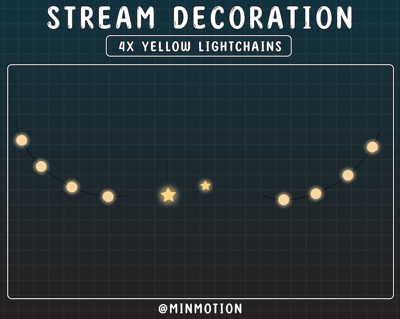 Puede incluir: Un fondo azul oscuro con un patr&oacute;n de cuadr&iacute;cula blanca. Dos juegos de luces de cadena amarillas est&aacute;n curvadas en forma de arco. Dos estrellas amarillas est&aacute;n en el centro de la imagen. El texto "STREAM DECORATION" est&aacute; en la parte superior de la imagen. El texto "4X YELLOW LIGHTCHAINS" est&aacute; debajo del texto superior. El texto "@MINMOTION" est&aacute; en la parte inferior de la imagen.