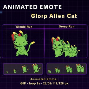 Puede incluir: Emoticón animado con un personaje de gato alienígena verde llamado "Glorp". La imagen muestra un solo Glorp y un grupo de Glorps, cada uno sosteniendo una bandera roja. El texto indica que la animación es un GIF, en bucle de 2 segundos, disponible en varios tamaños.
