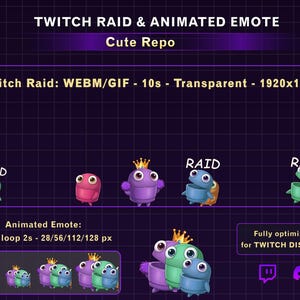 May include: An image featuring animated emotes for Twitch and Discord. The design includes several cartoon creatures with crowns, labeled "RAID." Text indicates the emotes are GIF format, transparent, and optimized for Twitch and Discord.