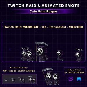 May include: Animated Twitch emote featuring a cute Grim Reaper design. The image includes the text "TWITCH RAID & ANIMATED EMOTE" and "Cute Grim Reaper". The emote is available in GIF format, looping for 2 seconds, and optimized for Twitch and Discord.