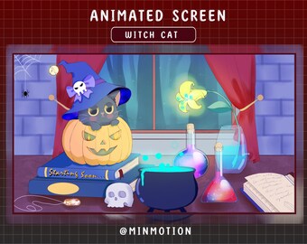 4x tela animada de fluxo de Witch Cat Twich / Moon Cat Luna Magic / Overlay / Halloween / Bruxa / Assustador / Fantasma / Abóbora / Caveira / Twitch