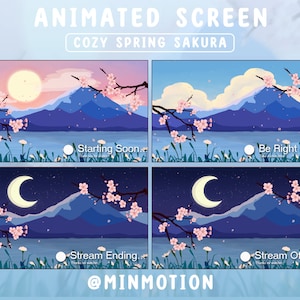 Animated Sakura Cherry Blossom Twitch Screen / Blue Cozy Spring Sakura Stream Overlay / Calm Pastel Cheery / Streamer Graphics
