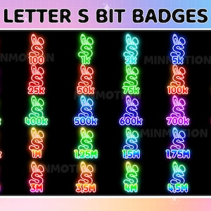 30x Letter S Bit Badges / Complete Twitch Bit Badges Set/ Twitch Tier Badges / Neon Number Bit Badges /Twitch Coin Emotes / Gamer Graphics