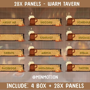 Puede incluir: 28 paneles de Twitch con temática de taberna. Cada panel presenta una jarra de madera con una parte superior espumosa y una etiqueta de texto. Las etiquetas incluyen "Acerca de mí", "Discord", "Horario", "Contacto", "Redes sociales", "Créditos", "Mercancía", "Steam", "Facebook", "Instagram" y "Twitter". Los paneles están colocados sobre un fondo marrón con un ambiente cálido y acogedor.