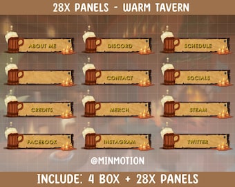 28x Panels Warm Tavern Twitch Screen / Medieval Fantasy Tavern Overlay / Starting Soon / BRB / Stream Ending / Graphique pour Livestream