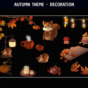 May include: Autumn themed digital clipart featuring a variety of illustrations, including squirrels, a cup of coffee, a book, a pumpkin, and candles. The illustrations are in a cartoon style and have a warm, inviting feel.