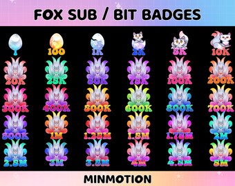 May include: A set of 20 colorful fox tail badges with different numbers on them, including 100, 1K, 2K, 5K, 10K, 20K, 25K, 50K, 75K, 100K, 200K, 300K, 400K, 500K, 600K, 800K, 700K, 300K, 1M, 1.25M, 1.5M, 1.75M, 2M, 2.5M, 3M, 3.5M, 4M, 4.5M, and 5M. The text "FOX SUB / BIT BADGES" and "MINMOTION" are also visible.