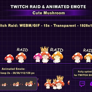 Animowany, uroczy alert Twitch Raid z grzybami, animacja rajdu z grzybami z emotką grzyba, zabawny alert Twitch dla streamerów