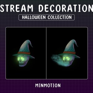 Może przedstawiać: Animowana dekoracja strumieniowa na Halloween z zieloną czaszką w niebieskim i brązowym kapeluszu czarodzieja. Czaszka ma świecące zielone oczy i emituje zielony dym. Tekst "STREAM DECORATION HALLOWEEN COLLECTION MINMOTION" jest widoczny pod obrazem.