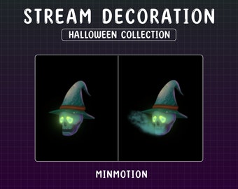 2x decoração de fluxo animado caveira de bruxa/bruxaria fofa/fantasma kawaii/sublimação de outono/animação de halloween/gráficos para streamer