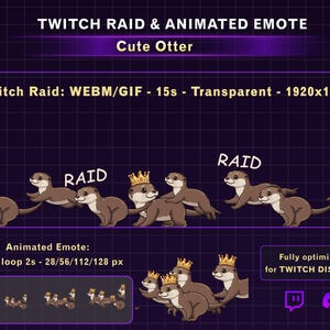 Può includere: Grafica digitale a tema lontra per Twitch. Include emote animate e grafiche raid. Il testo recita "Twitch Raid & Animated Emote Cute Otter". Ottimizzato per Twitch e Discord. Su sfondo a griglia viola.