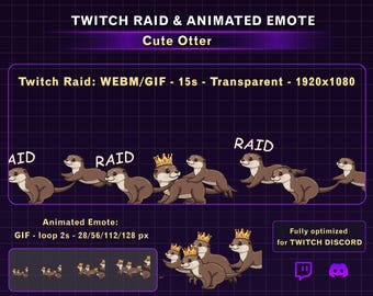 May include: A digital graphic featuring a cute otter theme for Twitch. The image includes animated emotes and raid graphics. The text reads "Twitch Raid & Animated Emote Cute Otter". The image is optimized for Twitch and Discord.