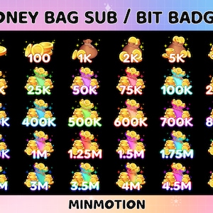 30x Distintivi bit Twitch borsa denaro / Distintivi bit dollaro / Distintivi livello bit / Distintivi bit numerici / Distintivi bit denaro oro / Emote chat