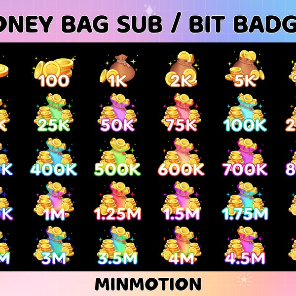 30x Money Bag Twitch Bit Badges / Dollar Bit Badges / Bit Tier Badges / Number bit badges / Gold Money Bit Badges / Chat emote