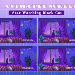 6x Animated Star Watching Black Cat Twitch Overlay Stream Package / Purple Night Sky Overlay/ Ghost Pillow / Bed Room / Gray Cat Sleeping