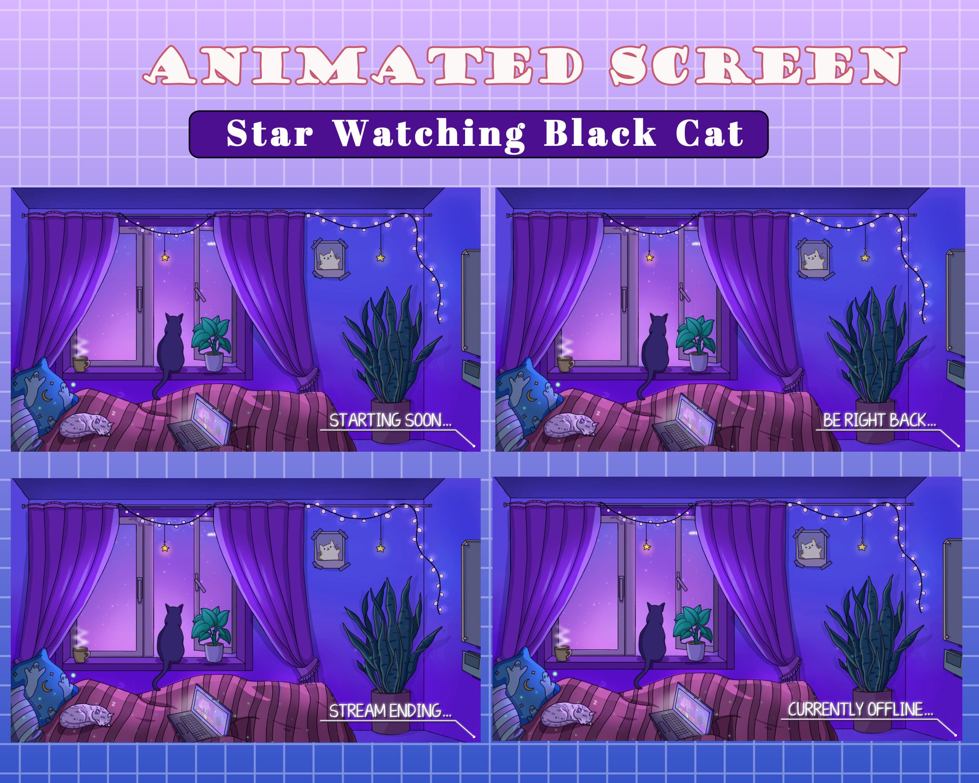 6x Animated Star Watching Black Cat Twitch Overlay Stream Package / Purple Night Sky Overlay/ Ghost Pillow / Bed Room / Gray Cat Sleeping