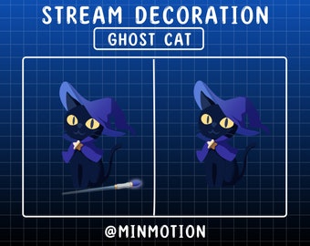 May include: A black cat wearing a purple wizard hat and a blue cape with a gold star. The cat is holding a wand with a blue star at the end. The image is on a blue grid background with the text "STREAM DECORATION GHOST CAT" and "@MINMOTION".