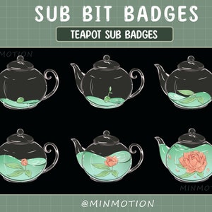 May include: Six glass teapots with different stages of a flower growing inside. The teapots are clear and show the flower growing from a bud to a full bloom. The teapots are on a black background with a green grid pattern.