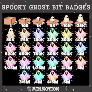 Puede incluir: Un conjunto de insignias de fantasmas espeluznantes con valores variables, de 1 a 5M, sobre un fondo negro. El texto "SPOOKY GHOST BIT BADGES" está en la parte superior. Cada fantasma tiene un color y un número únicos.