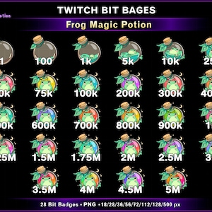 May include: A collection of Twitch Bit Badges featuring a frog inside a potion bottle. The badges range from 1 to 5M, with various colors and designs. The text "Frog Magic Potion" is at the top.