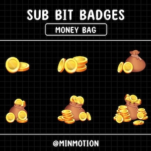6x Money Bag Twitch Sub Badges / Gold Coins Bit Badges / Cute Sparkle Bell Bad Money Subscriber / Kawaii / Streamer Graphics / Loyalty Emote