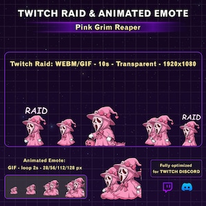Puede incluir: Un paquete de activos digitales con un personaje Pink Grim Reaper para Twitch y Discord. Incluye una animación de raid WEBM/GIF transparente de 1920x1080 y un emote animado en bucle de 2s en tamaños de 28, 56, 112 y 128 píxeles con texto.