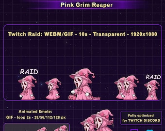 Pink Grim Reaper Twitch Raid Alert, Cute Skull Reaper Twitch Emote, Funny Twitch Alert for Streamers